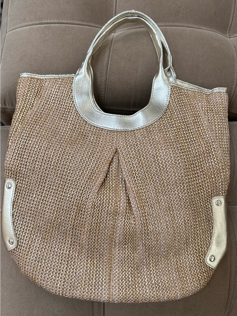 Chico's Woven Brown Tote with Gold Trim